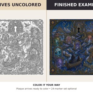 May include: A square plaque featuring a detailed line art illustration of a fantasy landscape with a boat on a river, a keyhole, and multiple arched portals. The image shows an uncoloured version and a finished coloured example with dark blue tones.