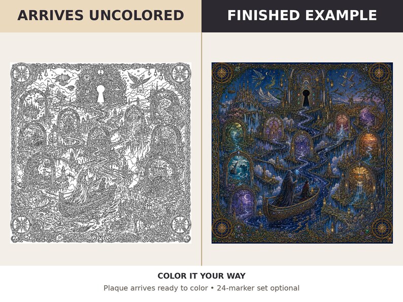 May include: A square plaque featuring a detailed line art illustration of a fantasy landscape with a boat on a river, a keyhole, and multiple arched portals. The image shows an uncoloured version and a finished coloured example with dark blue tones.