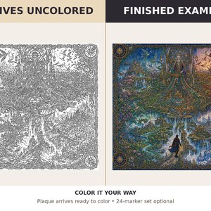 May include: A square plaque featuring a detailed fantasy landscape illustration. The left side shows the black and white line art labeled ARRIVES UNCOLORED, while the right side shows the same scene in full color labeled FINISHED EXAMPLE.
