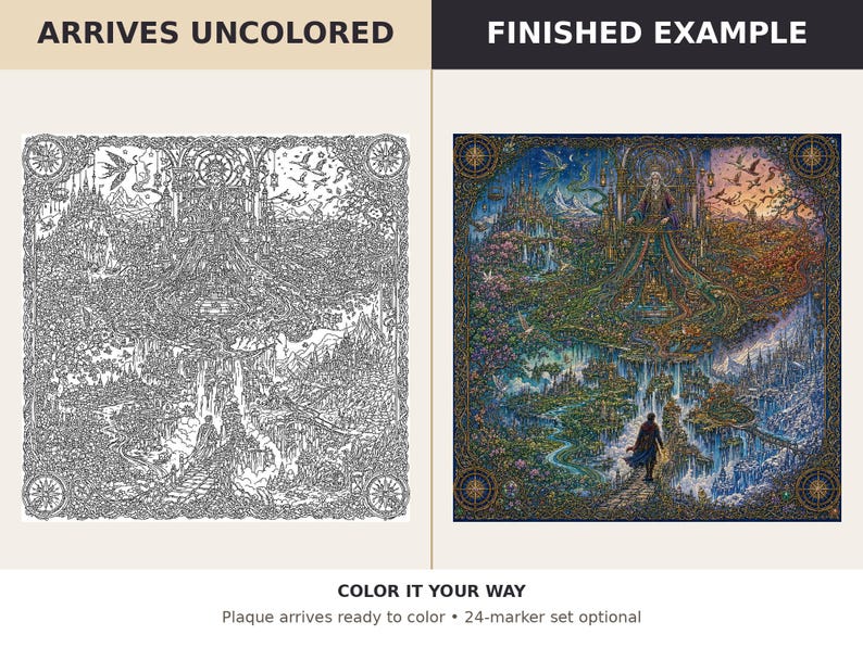 May include: A square plaque featuring a detailed fantasy landscape illustration. The left side shows the black and white line art labeled ARRIVES UNCOLORED, while the right side shows the same scene in full color labeled FINISHED EXAMPLE.