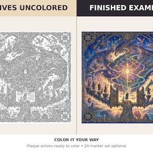 Puede incluir: Una placa cuadrada con una ilustraci&oacute;n detallada de l&iacute;neas de un gran drag&oacute;n y figuras sobre una plataforma. El lado izquierdo est&aacute; etiquetado como ARRIVES UNCOLORED y el derecho como FINISHED EXAMPLE. El texto inferior dice COLOR IT YOUR WAY.