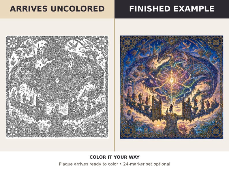 Puede incluir: Una placa cuadrada con una ilustraci&oacute;n detallada de l&iacute;neas de un gran drag&oacute;n y figuras sobre una plataforma. El lado izquierdo est&aacute; etiquetado como ARRIVES UNCOLORED y el derecho como FINISHED EXAMPLE. El texto inferior dice COLOR IT YOUR WAY.