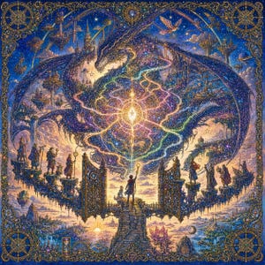 Puede incluir: Una ilustraci&oacute;n digital detallada que presenta una figura central sosteniendo una llave brillante ante un enorme drag&oacute;n azul oscuro con alas extendidas. La escena incluye plataformas flotantes, figuras con t&uacute;nicas y una fuente de luz radiante, todo enmarcado por un borde dorado intrincado con motivos celestiales.