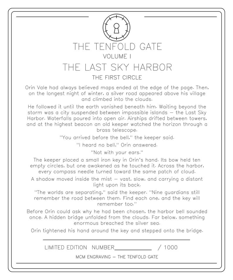 Op de afbeelding: Een rechthoekige witte pagina met zwarte tekst getiteld The Tenfold Gate Volume I The Last Sky Harbor The First Circle. De tekst beschrijft een fantasieverhaal over Orin Vale, een stad in de wolken en een sleutel. Bovenaan staat een sleutelpictogram.