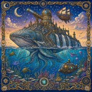 May include: A detailed illustration of a giant blue whale carrying a stone castle with a telescope on its back, featuring waterfalls, a flying ship, and an underwater scene with a submarine, sea turtles, and coral, all framed by an ornate gold border.
