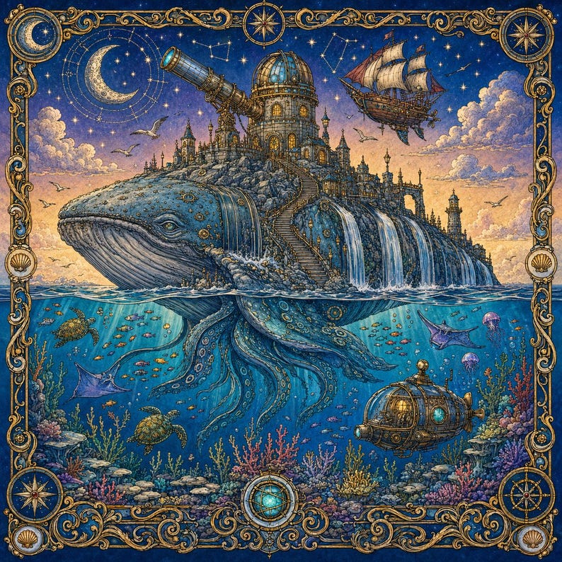 May include: A detailed illustration of a giant blue whale carrying a stone castle with a telescope on its back, featuring waterfalls, a flying ship, and an underwater scene with a submarine, sea turtles, and coral, all framed by an ornate gold border.