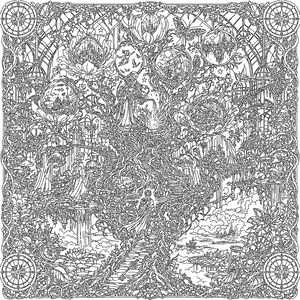 Pu&ograve; includere: Un'illustrazione in bianco e nero a tratto che presenta un albero centrale con scale a chiocciola, figure e vignette circolari contenenti castelli, navi ed elementi celesti, incorniciata da un bordo decorativo con motivi a bussola negli angoli.