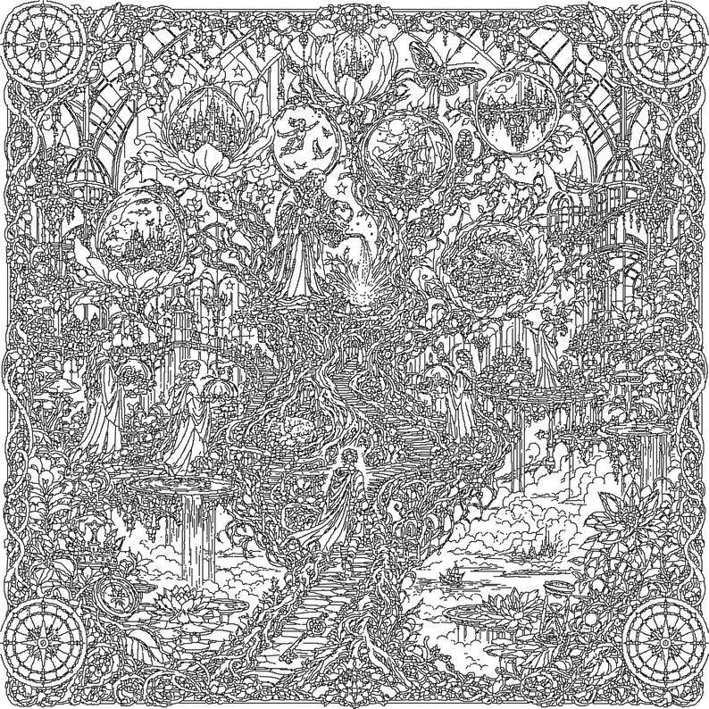 Pu&ograve; includere: Un'illustrazione in bianco e nero a tratto che presenta un albero centrale con scale a chiocciola, figure e vignette circolari contenenti castelli, navi ed elementi celesti, incorniciata da un bordo decorativo con motivi a bussola negli angoli.