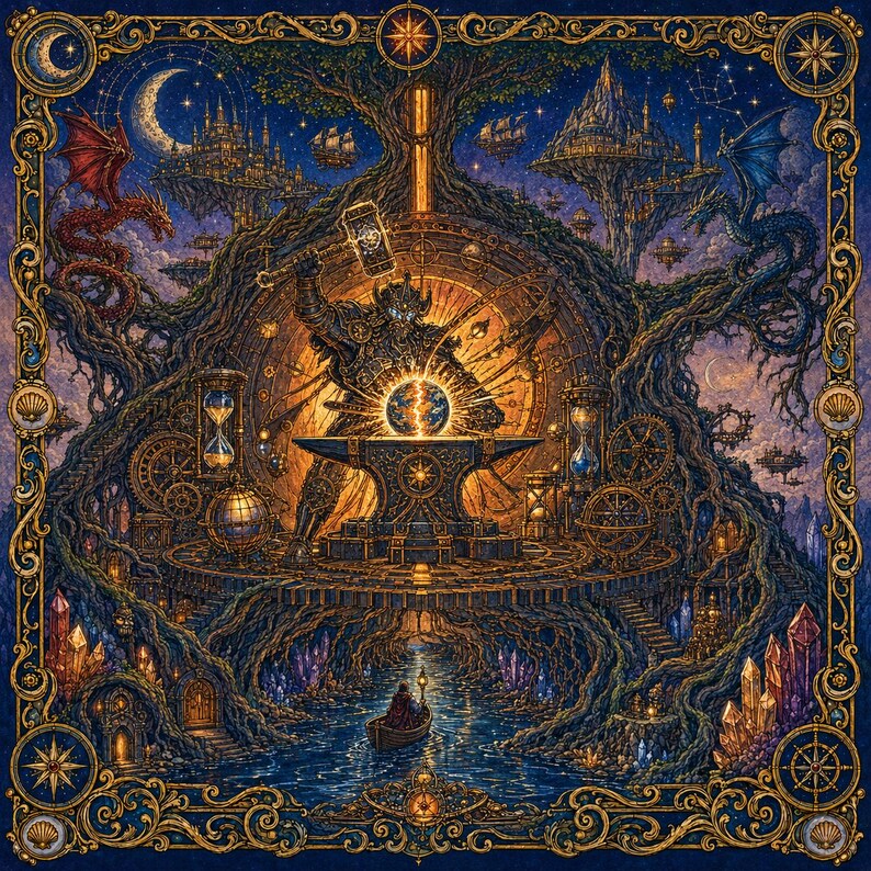 K&ouml;nnte beinhalten: Eine detaillierte Fantasy-Illustration mit einer zentralen gepanzerten Figur, die mit einem Hammer auf eine leuchtende Kugel auf einem Amboss schl&auml;gt. Die Szene zeigt Sanduhren, Zahnr&auml;der, schwebende Burgen, einen roten und blauen Drachen sowie ein Boot.