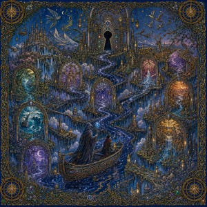 May include: A detailed digital illustration featuring a dark-cloaked figure and a companion in an ornate boat navigating a glowing blue river. The scene is surrounded by multiple arched portals, floating structures, and a large keyhole gateway.
