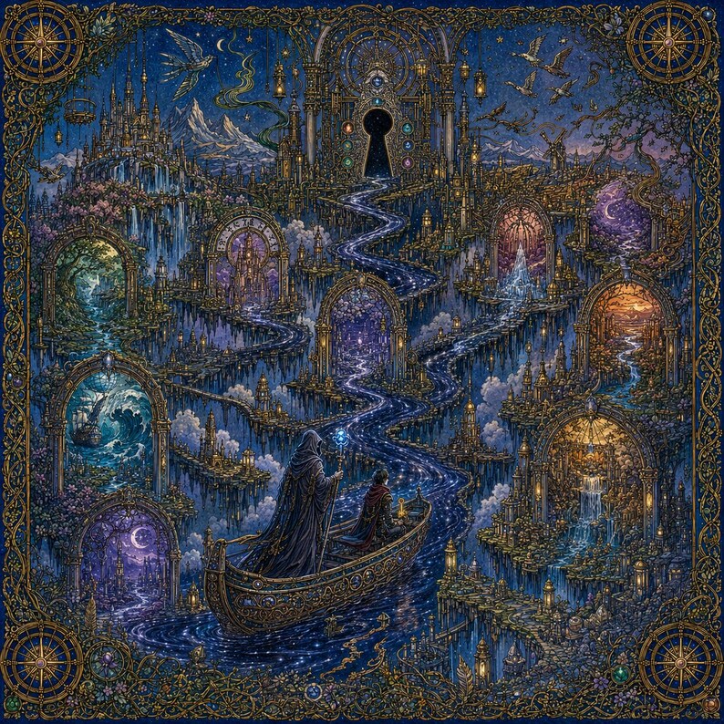 May include: A detailed digital illustration featuring a dark-cloaked figure and a companion in an ornate boat navigating a glowing blue river. The scene is surrounded by multiple arched portals, floating structures, and a large keyhole gateway.