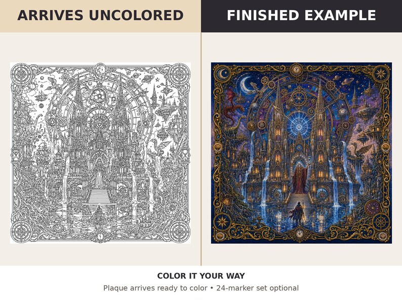 Puede incluir: Una placa cuadrada con una ilustraci&oacute;n detallada de l&iacute;neas de una catedral g&oacute;tica con elementos celestiales, mostrada en estado sin colorear y en una versi&oacute;n terminada a color. El texto dice: ARRIVES UNCOLORED, FINISHED EXAMPLE, COLOR IT YOUR WAY.