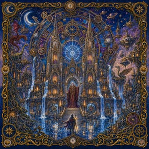 Puede incluir: Una ilustraci&oacute;n digital detallada que presenta una catedral g&oacute;tica central con ventanas brillantes, cascadas y un fondo de relojer&iacute;a. Una figura se encuentra al pie de las escaleras, mientras otra sostiene un reloj de arena en la entrada.