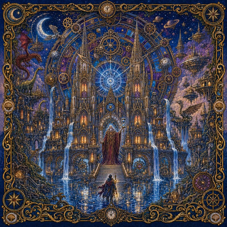 Puede incluir: Una ilustraci&oacute;n digital detallada que presenta una catedral g&oacute;tica central con ventanas brillantes, cascadas y un fondo de relojer&iacute;a. Una figura se encuentra al pie de las escaleras, mientras otra sostiene un reloj de arena en la entrada.