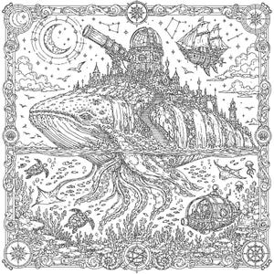 May include: A black and white line art illustration featuring a giant whale carrying a city with an observatory and telescope on its back. Above, a ship sails through the sky. Below, sea turtles, fish, and a submarine swim among coral reefs.