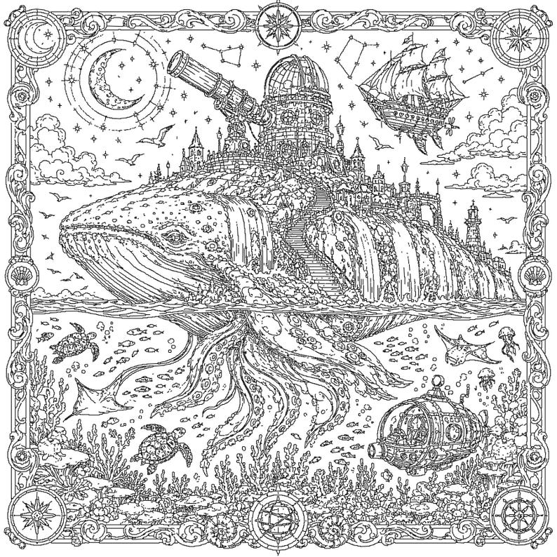 May include: A black and white line art illustration featuring a giant whale carrying a city with an observatory and telescope on its back. Above, a ship sails through the sky. Below, sea turtles, fish, and a submarine swim among coral reefs.