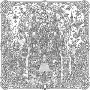Puede incluir: Una ilustraci&oacute;n detallada en blanco y negro que presenta una gran catedral g&oacute;tica como foco central, rodeada de intrincados engranajes, islas flotantes, un drag&oacute;n, un peque&ntilde;o bote en el agua y marcos ornamentados con motivos de br&uacute;jula.