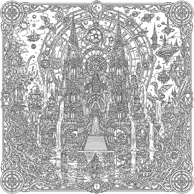 Puede incluir: Una ilustraci&oacute;n detallada en blanco y negro que presenta una gran catedral g&oacute;tica como foco central, rodeada de intrincados engranajes, islas flotantes, un drag&oacute;n, un peque&ntilde;o bote en el agua y marcos ornamentados con motivos de br&uacute;jula.