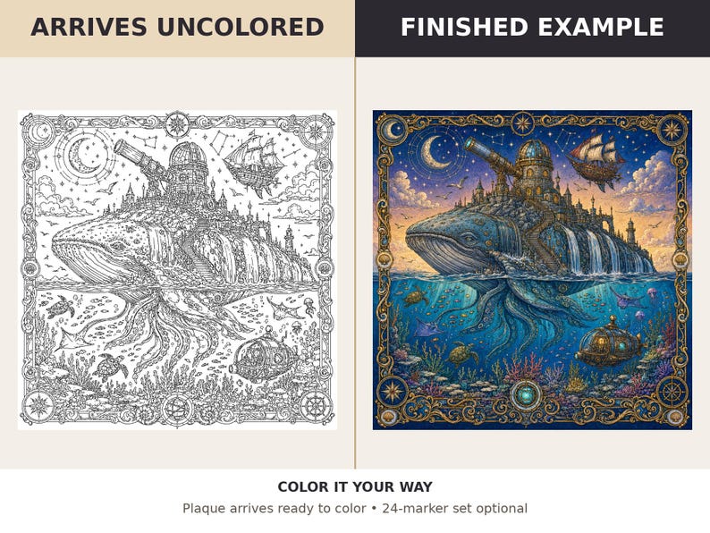 May include: A square plaque featuring a detailed line art illustration of a giant whale carrying a castle, telescope, and ship on its back, with an underwater scene below. The text reads ARRIVES UNCOLORED, FINISHED EXAMPLE, and COLOR IT YOUR WAY.