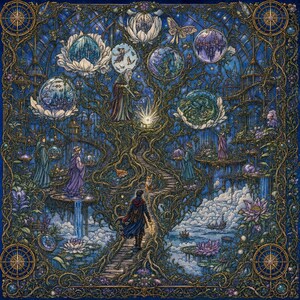 Pu&ograve; includere: Un'illustrazione quadrata con un albero centrale, scale a chiocciola, figure in tunica e sfere fluttuanti contenenti paesaggi in miniatura. La scena &egrave; resa in toni blu intenso e oro, con fiori di loto, nuvole e motivi celesti.