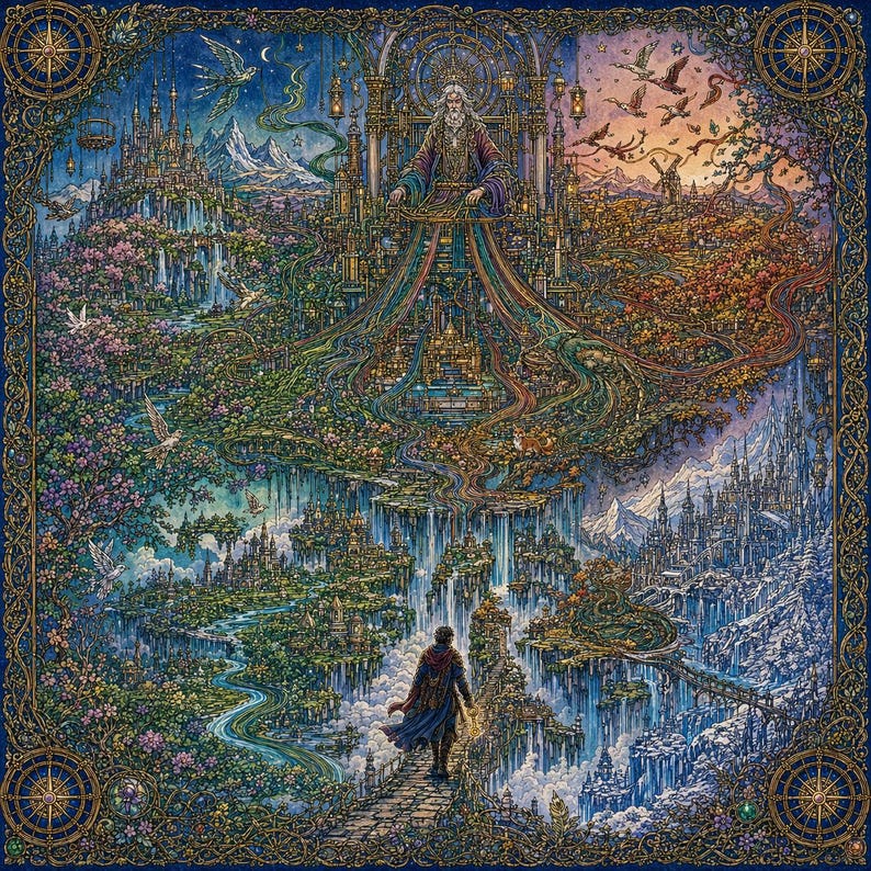 May include: A detailed fantasy illustration featuring a central figure with long white hair and robes, positioned above a landscape of floating islands, waterfalls, and a lone traveler on a stone path, all framed by an ornate gold border.