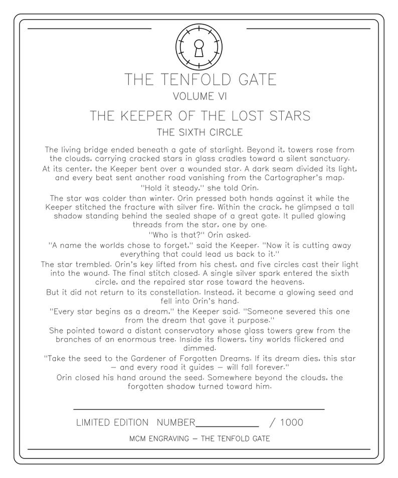 Puede incluir: Una impresi&oacute;n rectangular con un borde negro y un icono de cerradura central. El texto dice: THE TENFOLD GATE, VOLUME VI, THE KEEPER OF THE LOST STARS, THE SIXTH CIRCLE, seguido de una historia narrativa y una l&iacute;nea de edici&oacute;n limitada.