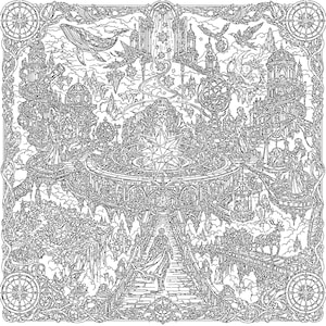 Puede incluir: Una p&aacute;gina para colorear de arte lineal en blanco y negro con una figura central en una mesa circular con una estrella grande, rodeada de castillos flotantes, una ballena, p&aacute;jaros y una persona caminando por un puente hacia el centro.