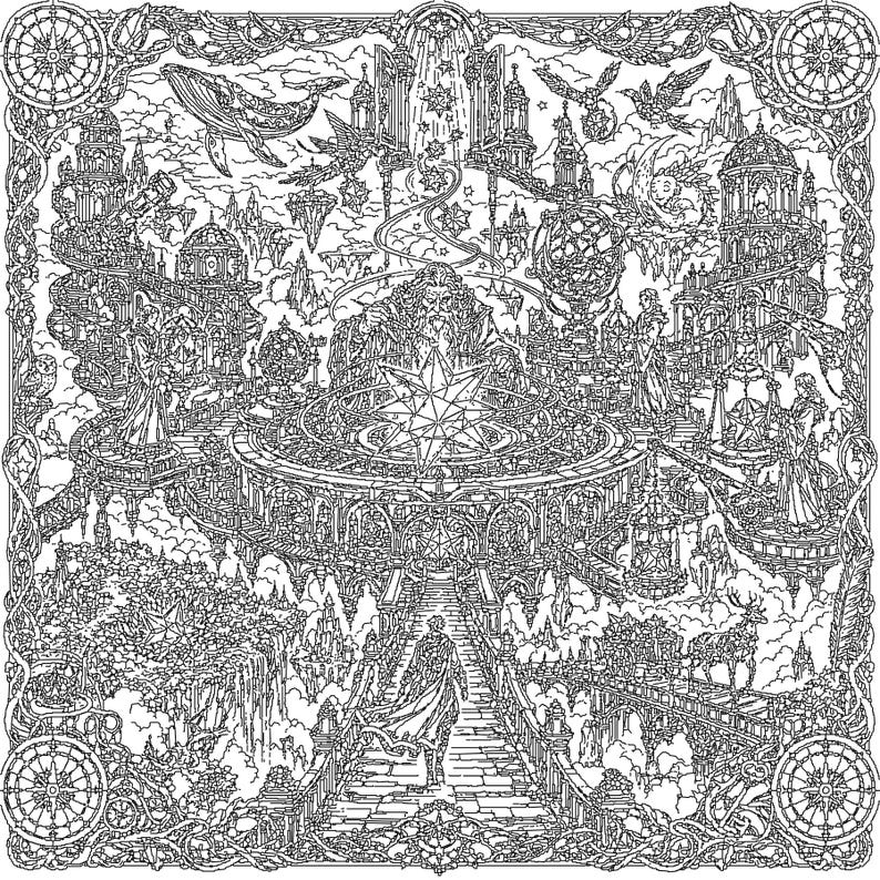 Puede incluir: Una p&aacute;gina para colorear de arte lineal en blanco y negro con una figura central en una mesa circular con una estrella grande, rodeada de castillos flotantes, una ballena, p&aacute;jaros y una persona caminando por un puente hacia el centro.