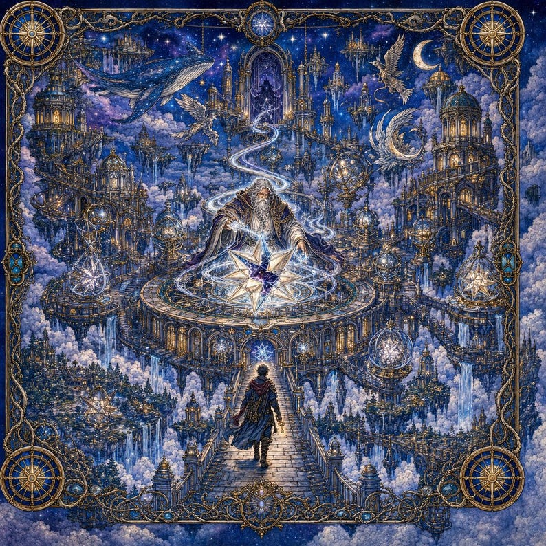 Puede incluir: Una ilustraci&oacute;n digital detallada que presenta una figura central con barba larga lanzando magia sobre una estrella brillante, sobre una persona que camina por un puente de piedra hacia una ciudad celestial llena de torres, nubes y una ballena.