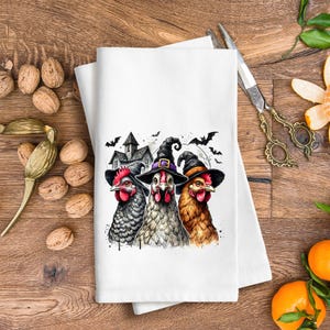 Witch Chickens, Halloween, Tea Towels, Funny Kitchen Tea Towel, Sublimation, Gift
