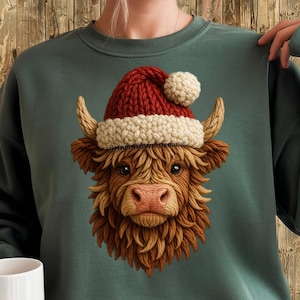 May include: A dark green sweatshirt featuring a detailed illustration of a Highland cow wearing a red and white Santa hat. The cow has shaggy brown fur and a pink nose, perfect for the holiday season.
