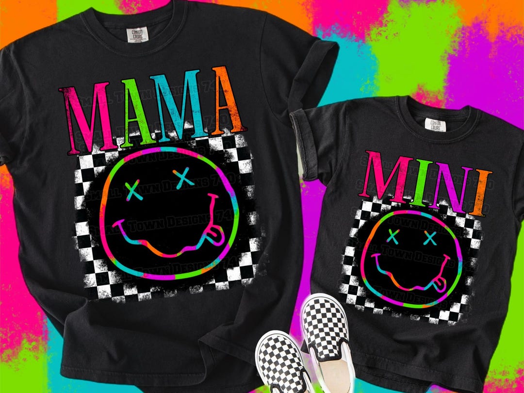 Mama Mini Neon Smiley Face Checkered DTF Transfer - Etsy