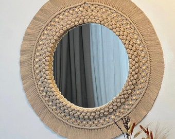 Jute Macrame Handmade Mirror, Hand-knotted Retro Macrame Mirror, Bohemian Ornament, Mom Gift Gift,Round Handwoven Hanging, Housewarming Gift