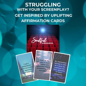 May include: Three affirmation cards with inspirational quotes for screenwriters. The cards feature a red, white and blue colour scheme and are set against a backdrop of a movie theatre with red seats. The text on the cards reads: "I am a storyteller with the power to captivate and inspire." "I trust in my ability to turn struggles into waypoints toward screenwriting success." "My characters spring to life as I show the audience the full spectrum of their humanity."