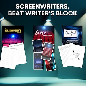 May include: Three different journal covers with a movie theater theme. The first journal is titled "The Screenwriter's Journal". The second journal is titled "Soulful Screenwriter" and features a quote about dialogue. The third journal is titled "Soulful Screenwriter" and features a quote about movies being a window into the soul of society.