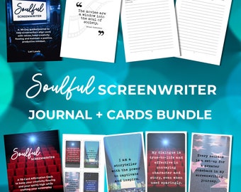 Op de afbeelding: Een kleurrijk beeld van een dagboek en affirmatiekaarten voor scenarioschrijvers. Het dagboek heeft de titel "Soulful Screenwriter" en de kaarten hebben affirmatie zoals "Ik ben een verhalenverteller met de kracht om te boeien en te inspireren." en "Elke tegenslag is een opzet voor een grotere comeback in mijn scenarioreis."