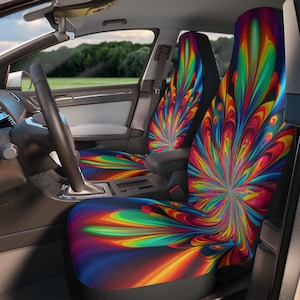 Trippy Psychedelic Car Seat Covers, Colorful Design, Boho Car Accessories, Hippie Auto Decor, Groovy Vehicle Seat Protectors, Vibrant Tie