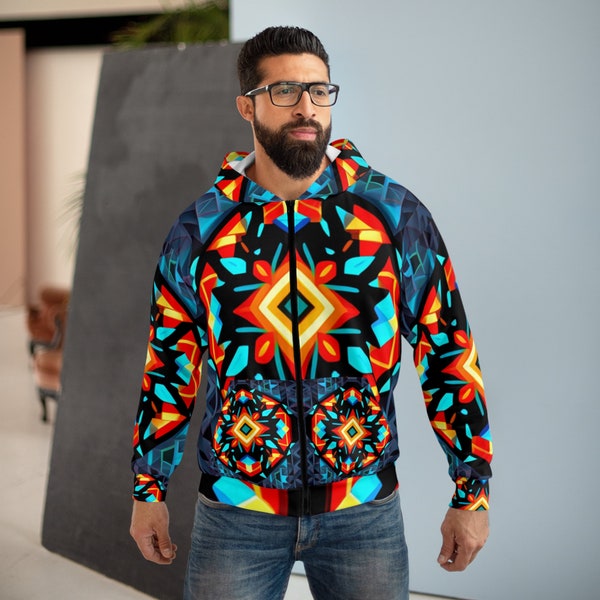 Unisex Zip Hoodie (AOP) Super Cool Crazy Psychedelic Colorful Kaleidoscope Print Design Guaranteed To Stand Out In A Crowd! Polyester Fleece