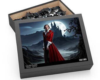 Puzzle (120, 252, 500-Piece) Vampire In The Moonlight With A Castle In The Background Creepy Fun For Puzzle Lovers