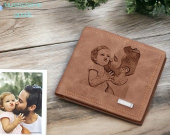 Personalised Leather Wallet Engraved Photo on Wallet Card Holder Custom Messages Wallet Family Engraving Father's Day Gift Family Gift