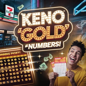 May include: A person holding a lottery ticket with the words "KENOO UNVEILED ODDS LIST" printed on it. The person is smiling and looking at the ticket. The ticket is red and white with a black and white grid of numbers. The background is a blurry image of a convenience store with a sign that says "ELEVEN" and a sign that says "KENO 'GOLD' "NUMBERS!" in yellow and red letters.