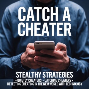 May include: A person holding a smartphone with the text "CATCH A CHEATER" and "STEALTHY STRATEGIES - QUIETLY CHEATERS - CATCHING CHEATERS - DETECTING CHEATING IN THE NEW WORLD WITH TECHNOLOGY" on a blue background.