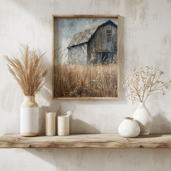 Digital Print, Weathered Barn, thick oil paint texture, windswept grasses, Poster Print, Wall Decor, Wall Art.