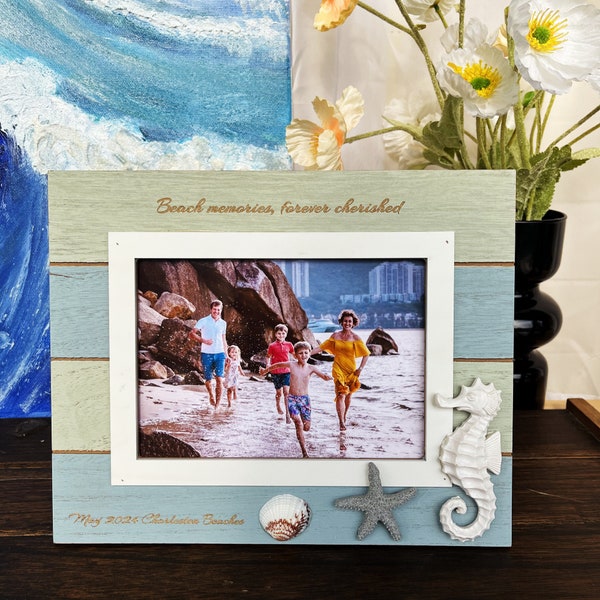 Summer Vibes, Customizable Beach Frame with Seahorse & Starfish Accents - Perfect Gift for Couples and Families