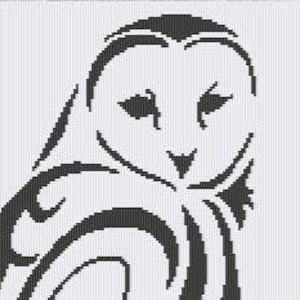 May include: Black and white stylized illustration of an owl with a tribal design. The owl is facing to the right and has a large, round head with large eyes. The owl's body is made up of swirling lines and patterns.