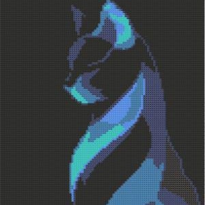 May include: A pixelated image of a cat in shades of blue and teal against a dark gray background. The cat is depicted in a side profile, with its head and body curved. The design has a modern, geometric aesthetic.
