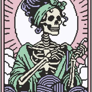 May include: A pink-framed illustration featuring a skeleton in a mint green robe and headscarf, holding crochet hooks and yarn. The text "THE CROCHETER" is at the bottom. The skeleton has a bun and a bow.