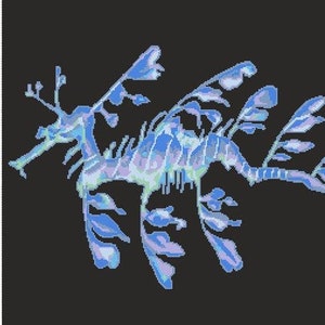 May include: A blue and purple seahorse with a leafy, seaweed-like design. The seahorse is depicted in a stylized, artistic manner.