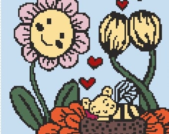 Flowers and The Bees Crochet, Colorwork, Chart, afghan, pattern, blanket, graphghan, tapestry crochet