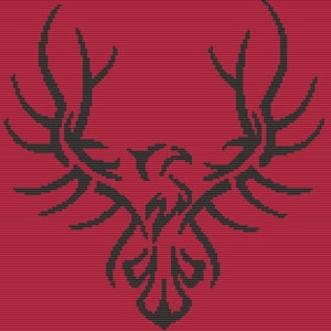 May include: A black tribal design of a bird with outstretched wings on a red background.